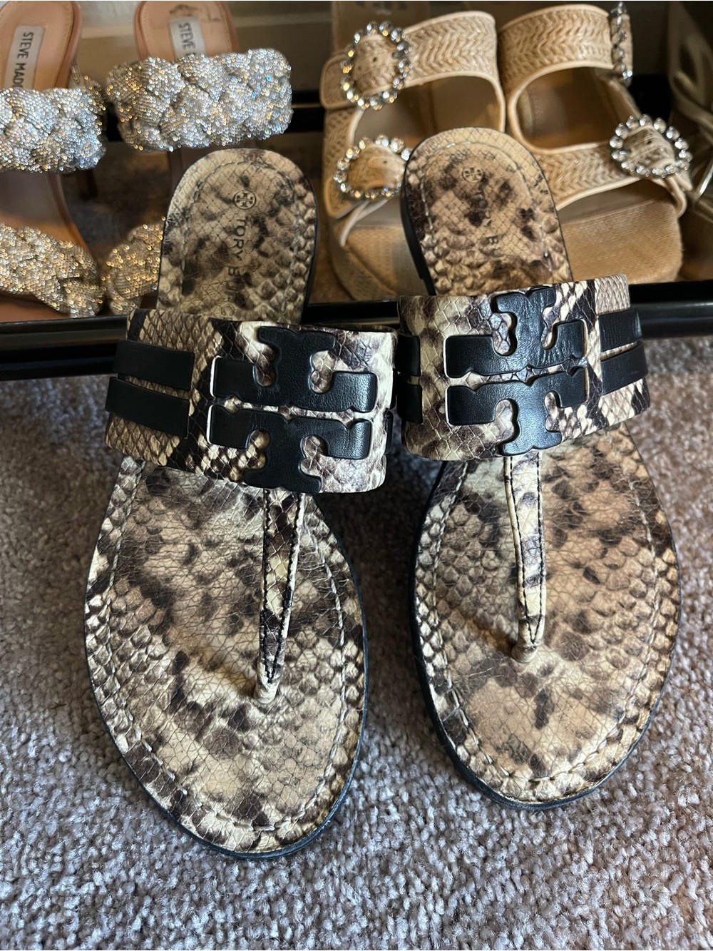 Tory Burch Black & Snake-Print Slide Thong Sandal - Picture 3 of 4